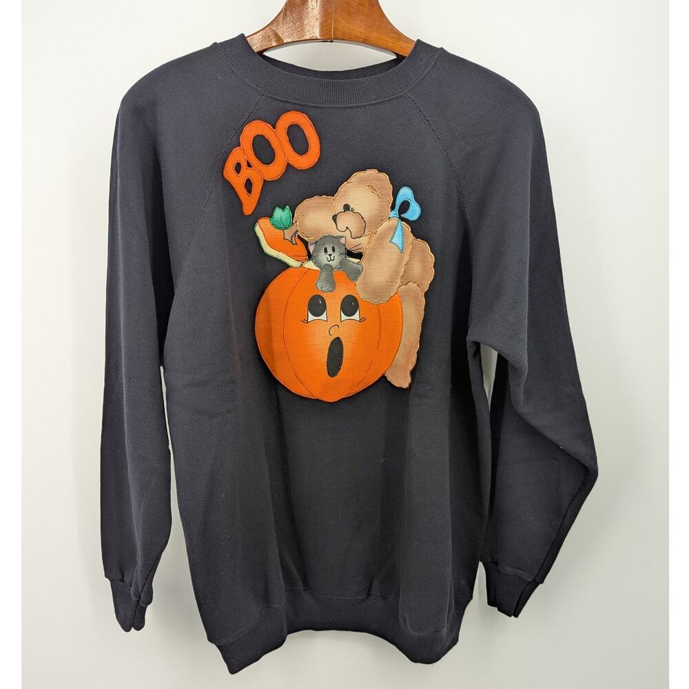Hanes Her Way Halloween Sweatshirt XXL Boo Pumpkin Teddy Bear Cat Black USA Made
